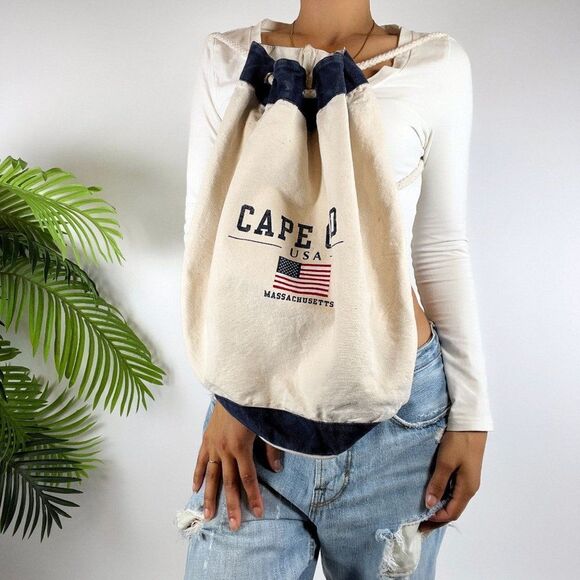 Vintage Beige Boho Cape Cod MA Beachy Coastal Chic Drawstring Sack Backpack - Picture 7 of 8